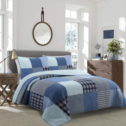 Vista 13 de Cozy Line Home Fashions - Juego de ropa de cama acolchada reversible de 100% algodón, con rayas azul marino y rojo, para niño, colcha, colcha