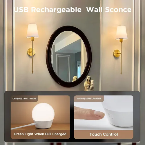 Vista 9 de Brightown RGBWW - Juego de 2 apliques de pared con pilas, luces de pared inalámbricas recargables con bombillas magnéticas regulables y control