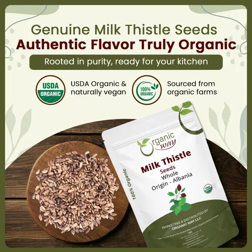 Vista 2 de Organic Way Semillas enteras de cardo mariano (Silybum marianum) - Té Herabl Cosecha silvestre europea, certificado orgánico y kosher, vegano, sin