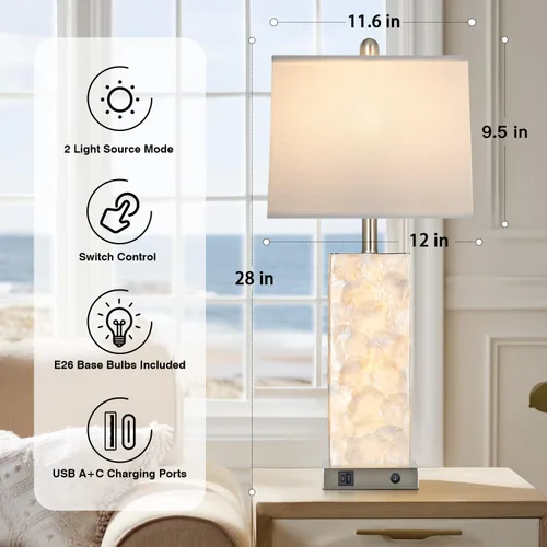 Vista 3 de Lámparas de mesa costeras de 28 pulgadas para sala de estar, lámparas de noche con luz nocturna, puertos USB A+C, moderna concha de mar