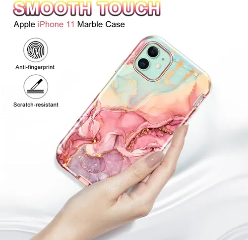 Vista 8 de CASEFIV Funda compatible con iPhone 11, patrón de mármol 3 en 1, resistente a prueba de golpes y caídas, cuerpo completo, policarbonato duro