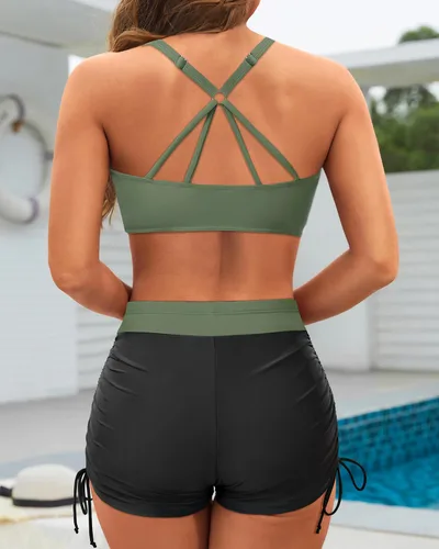 Vista 4 de Yonique Trajes de baño tankini de 3 piezas para mujer, camiseta sin mangas, trajes de baño con pantalones cortos y brasier, traje de baño atlético