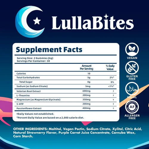 Vista 5 de LullaBites - Gomitas naturales para dormir - Hechas en Estados Unidos - Con 5-HTP, L-teanina, magnesio y raíz de valeriana - Sin melatonina - Vegano