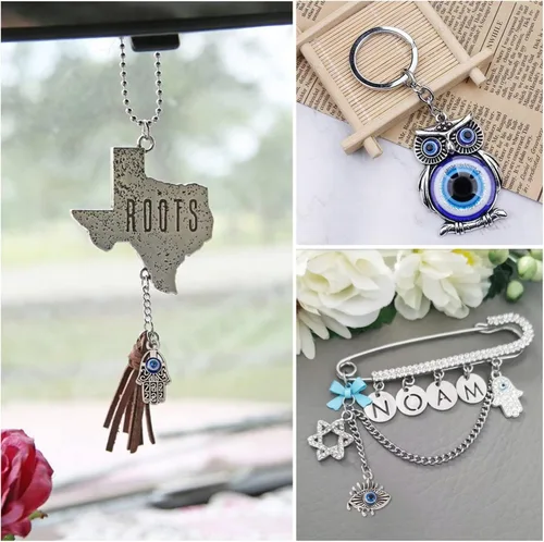 Vista 5 de Craftdady Dijes de aleación de mal de ojo de la suerte, colgantes de metal retro para hacer joyas