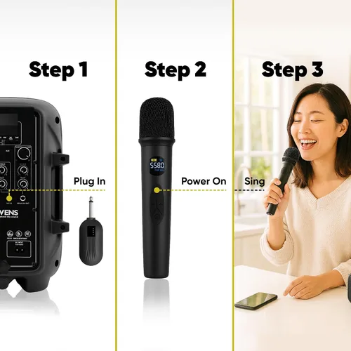 Vista 9 de Sistema de Micrófono Inalámbrico Bowens – Micrófono Inalámbrico para Karaoke con Receptor, Control de Eco, Pantalla LCD, Carga USB-C, Adaptador