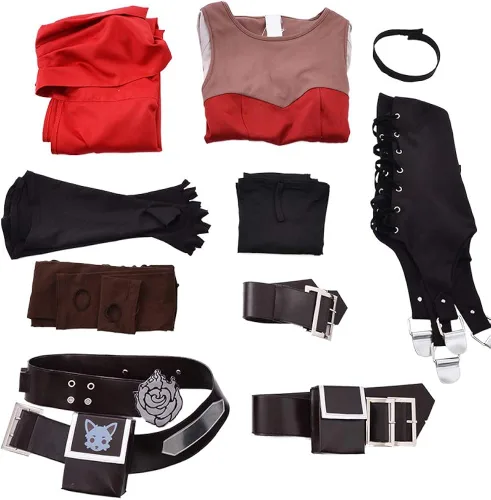 Vista 5 de miccostumes Conjunto de disfraz de cosplay de color rosa roja con capa y cinturones para mujer
