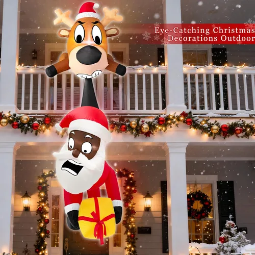 Vista 2 de Reno inflable de Navidad de 6 pies y Papá Noel trepador, divertida decoración colgante al aire libre con luz LED incorporada, decoración de patio
