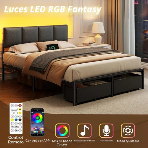 Vista 3 de Furnulem Base de cama de tamaño matrimonial con estación de carga y luces LED, cabecera tapizada de piel sintética, cama de plataforma de metal