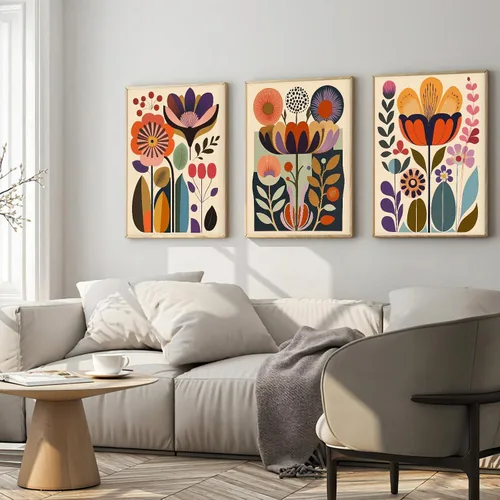 Vista 6 de Juego de 3 pósteres florales retro, imágenes de flores coloridas, póster moderno y colorido de arte de pared botánico bohemio de mediados de siglo