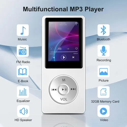 Vista 4 de Reproductor de MP3 con Bluetooth 5.0, pantalla de 1.8 pulgadas, reproductor de música portátil con altavoz HD, música de alta fidelidad compatible