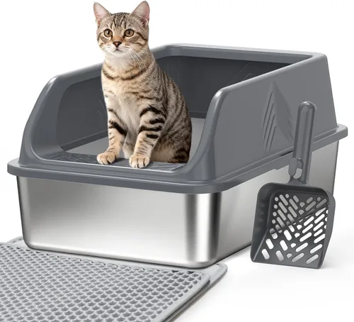 Vista 12 de Pequeña caja de arena de acero inoxidable con tapa para gatitos, cajas de arena de metal para gatos con laterales altos cerradas para gatos
