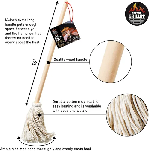 Vista 2 de BETTER GRILLIN' BBQ Bastin Mop Basting Barbecue Brush/Mop Easily Applies Marinades, Sauces, Washes Out, 16in Handle, 1pk