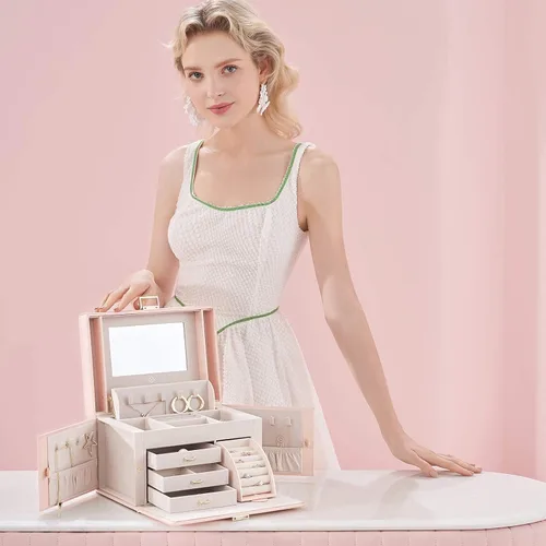 Vista 2 de Vlando City Beauty - Joyero organizador rosa pequeño organizador de viaje con espejo rosa