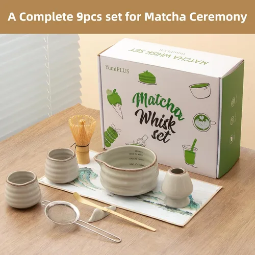 Vista 2 de Juego de 9 piezas de matcha con batidor de bambú, gris retro