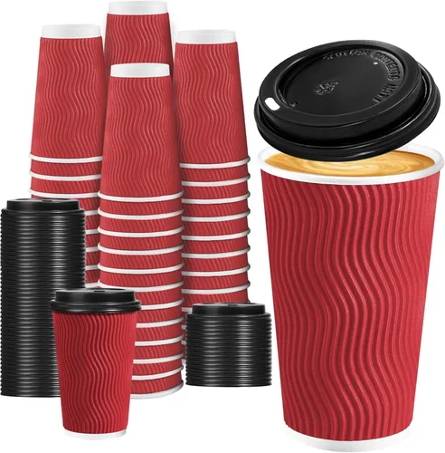 Vista 14 de Lamosi - Tazas de café con tapas, 12 onzas, paquete de 50 tazas desechables Rojo