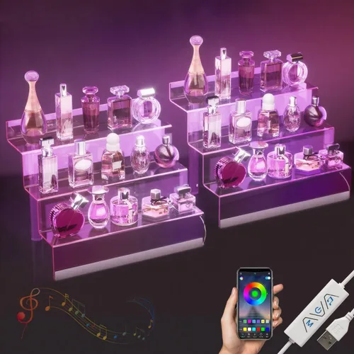 Vista 10 de Organizador de Exhibición de Acrílico de 12" con Luz LED - Soporte de Perfume de 3 Niveles y Estantes Escalonados de Exhibición, Organizador