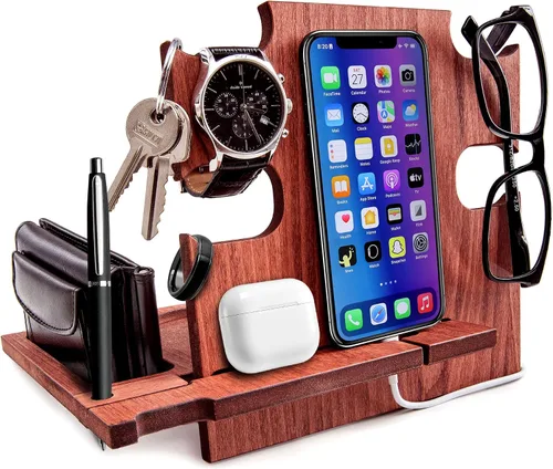 Vista 10 de Estación de acoplamiento para teléfono, soporte de reloj de madera, organizador de mesita de noche, regalos para él, gadgets para hombres, regalo