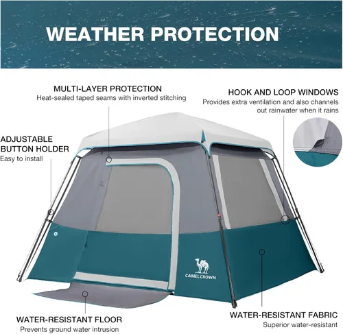 Vista 9 de CAMEL CROWN 4/6 Person Instant Cabin Tent, Pop Up Windproof Tents for Camping, 60-Second Setup Family Tent with Carry Bag for Outdoor Hiking Azul
