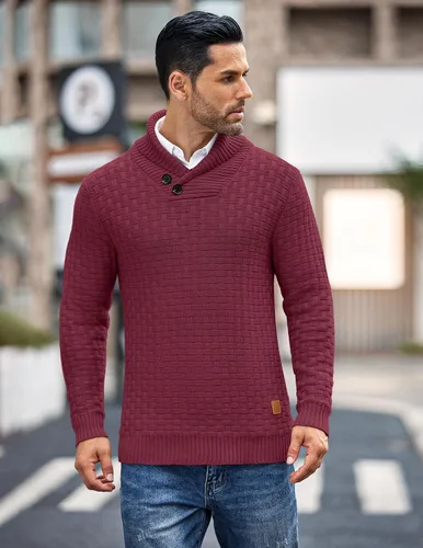 Vista 7 de COOFANDY Suéter de punto con cuello de chal para hombre, estilo casual, ajustado, con botones, texturizado