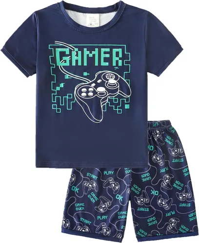 Vista 18 de MyFav - Pijamas para niños grandes de 2 piezas, pantalones cortos, lindos dibujos animados, ropa de dormir 4 piezas Alien