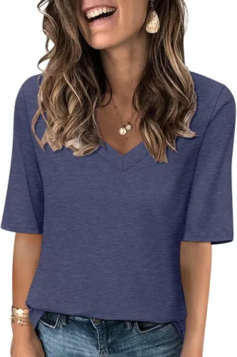 Vista 31 de Minetom Camisetas de verano básicas de media manga con cuello en V para mujer