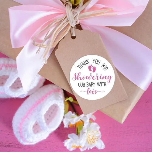 Vista 3 de 50 calcomanías rosadas para baby shower, con texto en inglés "Thank You for Showering Our Baby with Love", regalos de baby shower para niñas