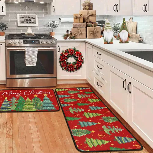 Vista 12 de Alfombras de cocina de cuadros de búfalo con gnomos de árbol negros, juego de 2, Merry Christmas, decoración de piso de perfil bajo para fiestas
