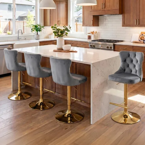 Vista 208 de SoarFlash Juego de 2 taburetes de bar tapizados de terciopelo moderno con patas de madera, botones acolchados, cabeza de clavo cromada, asiento