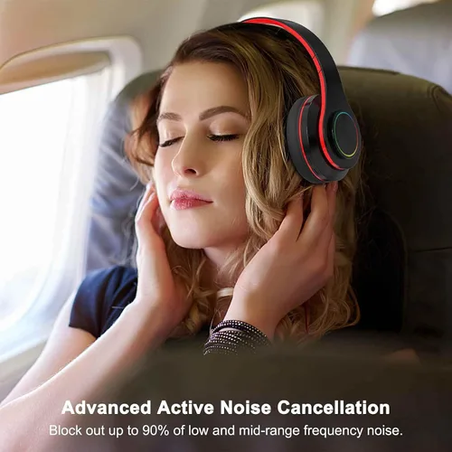 Vista 7 de Auriculares Bluetooth sobre la oreja, auriculares con luces LED y micrófono incorporado, ligeros, Bluetooth 5.0, auriculares HiFi estéreo