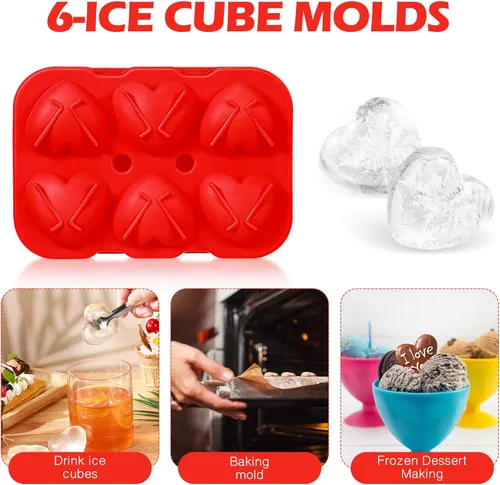 Vista 6 de Domensi 2 moldes grandes de hielo en forma de corazón 3D reutilizables de silicona con 6 formas de corazón para bricolaje, chocolate, dulces, Rojo
