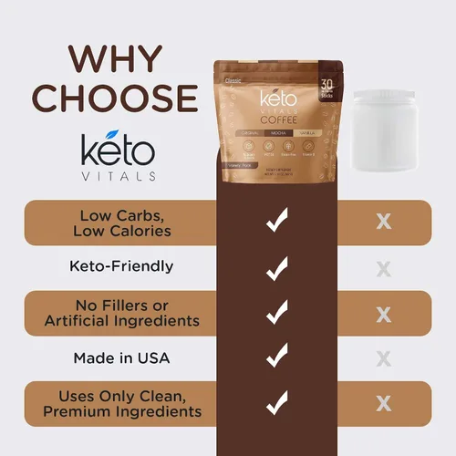Vista 6 de Keto Vitals Café en polvo instantáneo Keto con aceite MCT y vitaminas, bajo en calorías, bajo en carbohidratos, sin edulcorantes artificiales, apoyo
