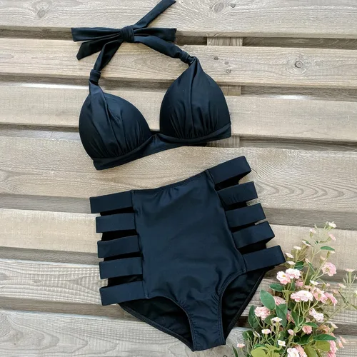 Vista 22 de SPORLIKE - Traje de baño de cintura alta para mujer, bikini de dos piezas con control de abdomen y parte superior triangular