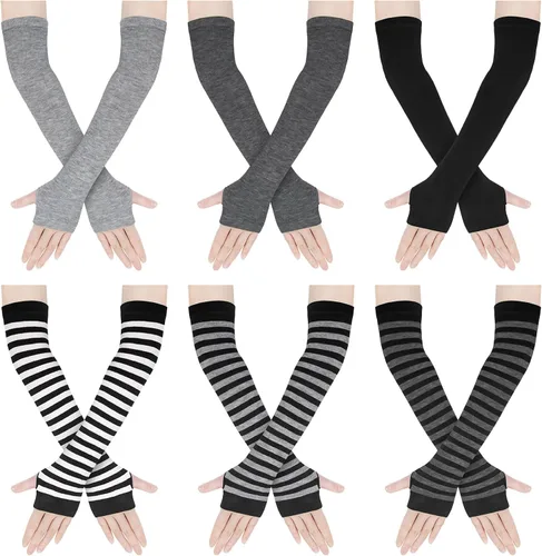 Vista 14 de Amandir Guantes largos sin dedos para mujer, calentadores de brazos, guantes elásticos de punto para el pulgar