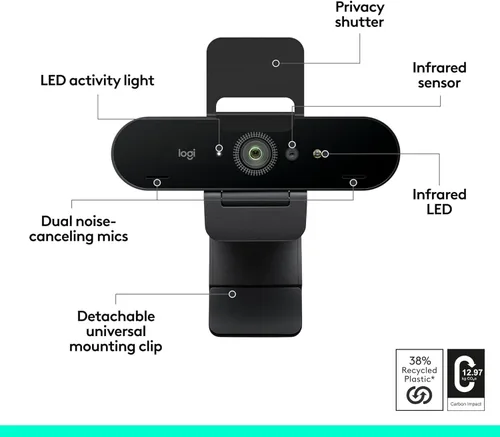 Vista 8 de Logitech Brio - Cámara web 4K, para videollamadas, micrófono con cancelación de ruido, corrección de luz HD automática, amplio campo de visión
