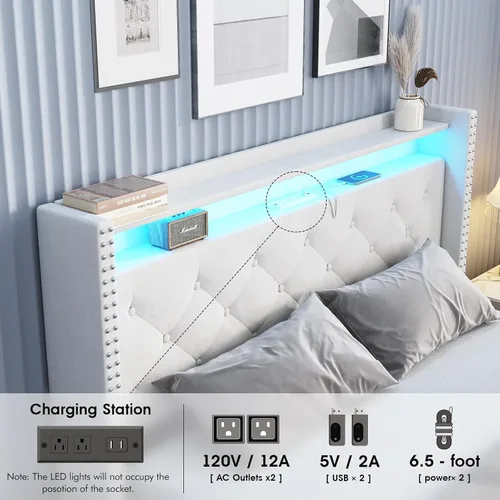 Vista 5 de Vabches Base de cama de tamaño matrimonial con cabecera LED, plataforma tapizada de terciopelo con luces y estación de carga, cabecera
