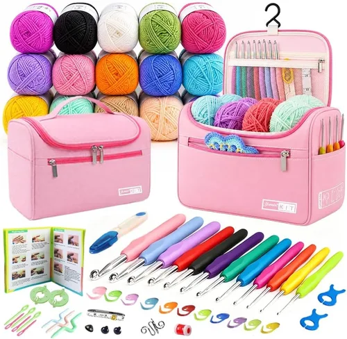 Vista 12 de Juegos de ganchillo Yarniss con hilo, 1120 yardas de carretes de hilo de ganchillo suave, 10 tamaños de ganchos de ganchillo ergonómicos con bolsa