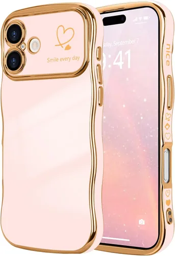 Vista 131 de LCHULLE - Funda para iPhone Air, linda para mujeres y niñas, con forma de onda, color azul bebé Luxury Plating Curly Wavy Frame with Love Heart