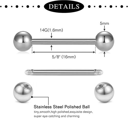 Vista 2 de Anicina Piercing para pezón de 14 G para mujer 0551in 0630in para lengua recta piercing para pezón