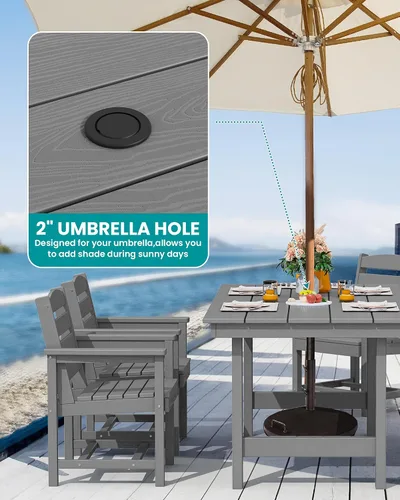 Vista 2 de SERWALL Juego de Mesa de Comedor de HDPE para Exteriores, Juego de 7 Piezas de Mesa de Comedor al Aire Libre con Mesa con Corte para Agujero de Gris