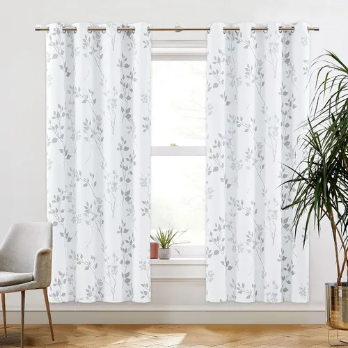 Vista 27 de Beauoop Cortinas Florales 100% Opacas de 54 Pulgadas de Largo, 2 Paneles para Dormitorio, Sala de Estar, Azul Gris y Blanco con Patrón de Flores