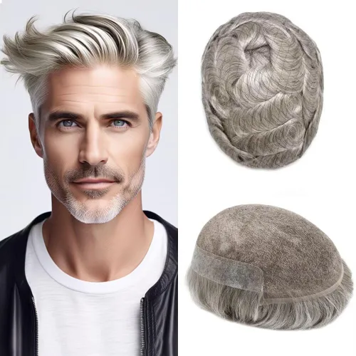 Vista 10 de FACE MIRACLE - Tupé de encaje frontal francés para hombres, postizos, sistemas de reemplazo de cabello humano con PU para hombre, prótesis