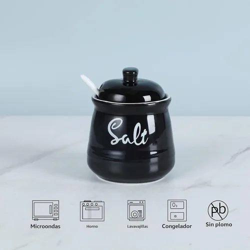 Vista 3 de Cuenco de sal de porcelana con tapa y cuchara de 12 onzas, fácil de limpiar (negro)