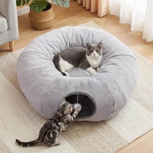 Vista 12 de Cama túnel para gatos de interior, túnel de lino natural refrescante para gatos, túnel transpirable de 29.5 pulgadas para gatos con tapete lavable