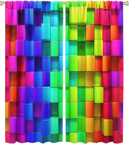 Vista 21 de Cortinas opacas abstractas de arco iris, pintura de color arcoíris con gotas, diseño gráfico creativo con bolsillo para barra, para sala de estar