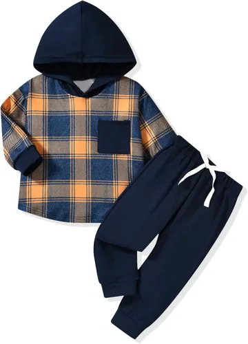 Vista 7 de Conjunto de ropa de niños pequeños con capucha y sudadera a cuadros de manga larga para otoño e invierno Esqueleto negro