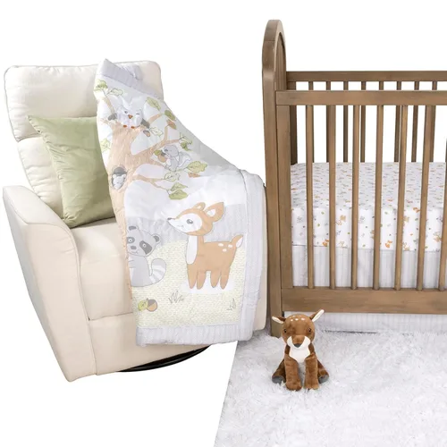 Vista 15 de Sammy & Lou Friendly Forest - Juego de ropa de cama para cuna de bebé de 4 piezas, incluye edredón, sábanas bajeras para cuna neutrales, falda