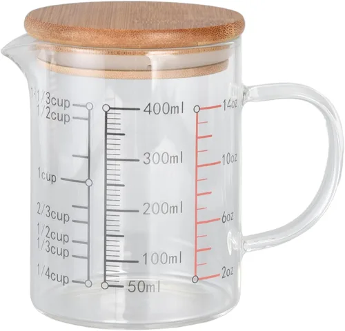 Vista 5 de Vaso medidor de vidrio, con boquilla en forma de V, con mango aislante, tazas medidoras de líquidos con tapa, para el hogar, uso en restaurantes