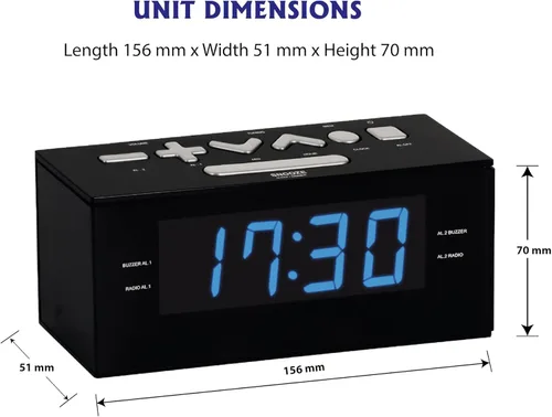 Vista 5 de HANNLOMAX HX-144CR Radio despertador AM/FM, pantalla LED azul de 1.2" Radio AM/FM, reloj digital, alarma dual, entrada auxiliar, adaptador AC/DC