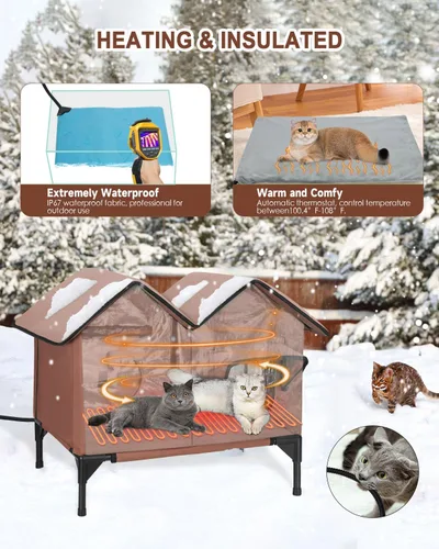 Vista 2 de Casa climatizada para gatos en invierno exterior, casa para gatos climatizada extra grande, resistente a la intemperie, cama elevada, puerta