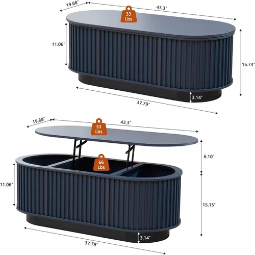Vista 2 de Mesa de Centro Ovalada con Tapa Elevable y Almacenamiento, 43.3" Mesa Central Moderna de Mediados de Siglo con Compartimento Oculto, Mesa de Comedor
